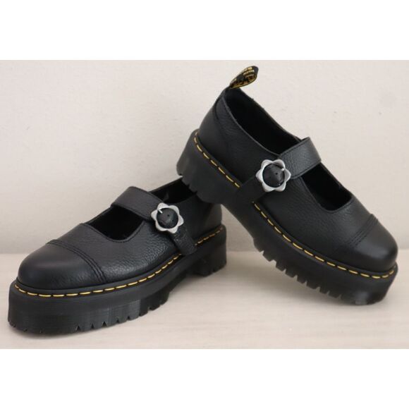 Dr Martens Women's Sz 10 Black Addina Flower Buckle Leather Platform Shoes - Picture 2 of 16